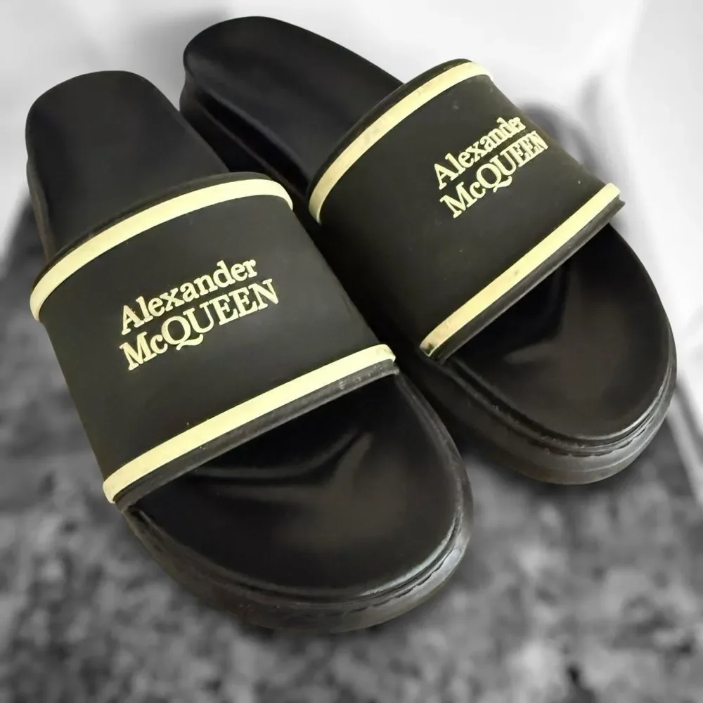 Alexander McQueen Black and Gold Slide Sandals